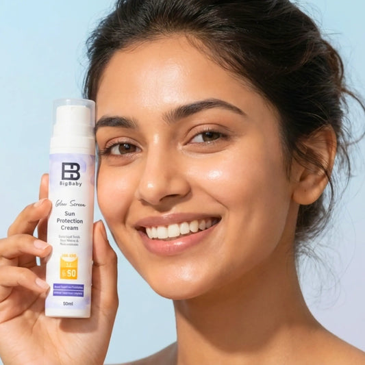 Indian woman using rice water and niacinamide sunscreen for everyday sun protection